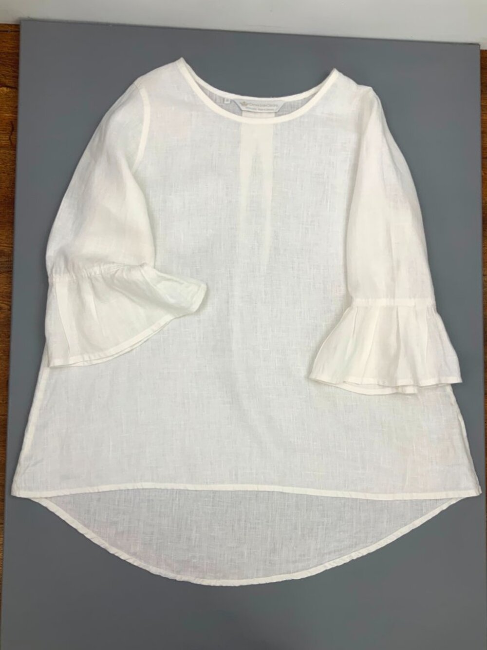 Bella Bell Sleeve White 100% Linen Top by Crown Linen Designs Sz M-L - Picture 7 of 16